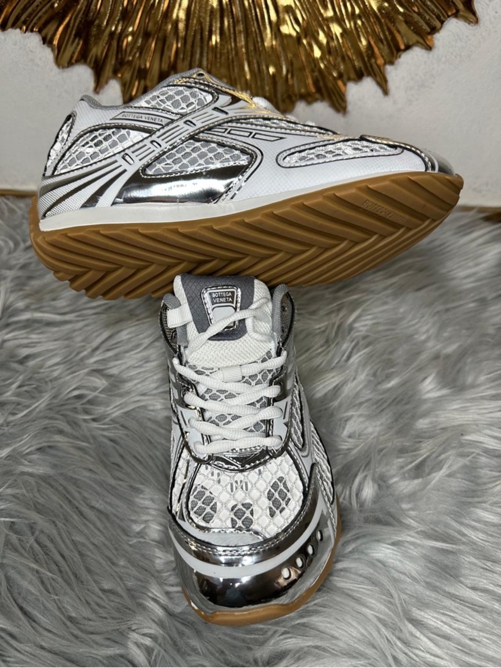 Bottega Veneta White & Metallic Silver Mesh Sneaker with Gum Sole